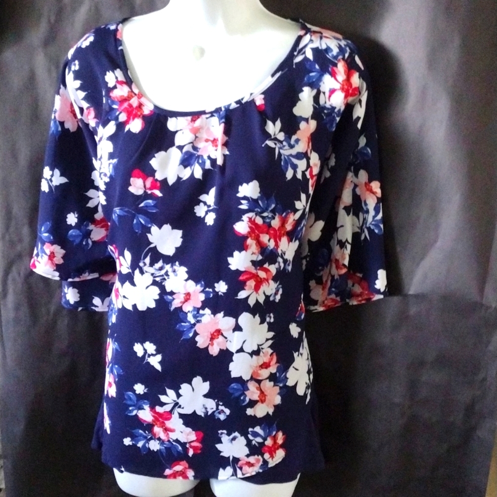 Elle Blouse XL Stretchy Blue Tank Underneath no arms Cape